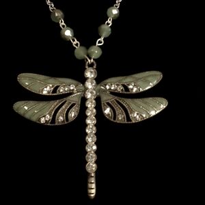 Hand Crafted Necklace Enamel Dragonfly with Rhinestones Green